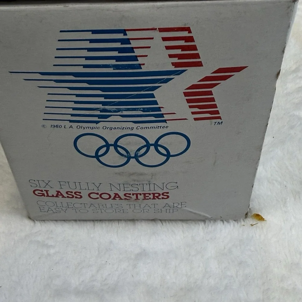 1984 Los Angeles Olympics Glass Coaster Set & Pencil Box Holder Licensed Lot